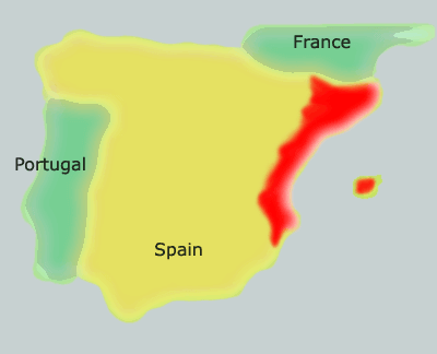 Map of Spain showing approximate area where Catalan is spoken