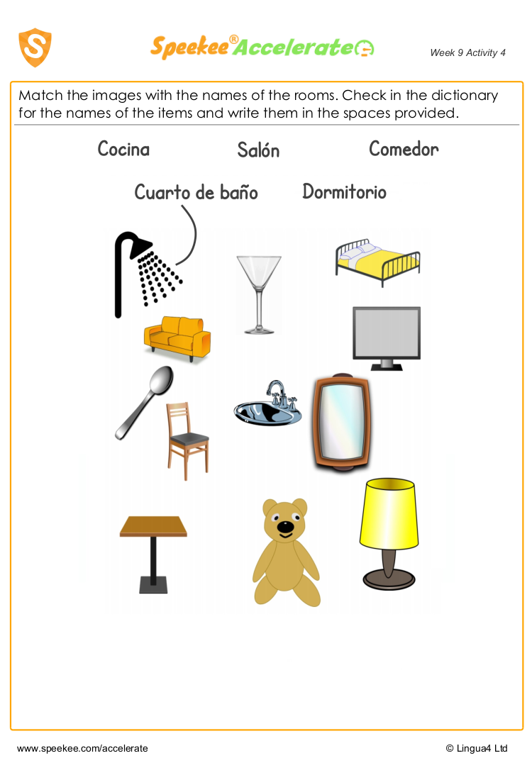 Spanish Printable: Which item goes in which room?