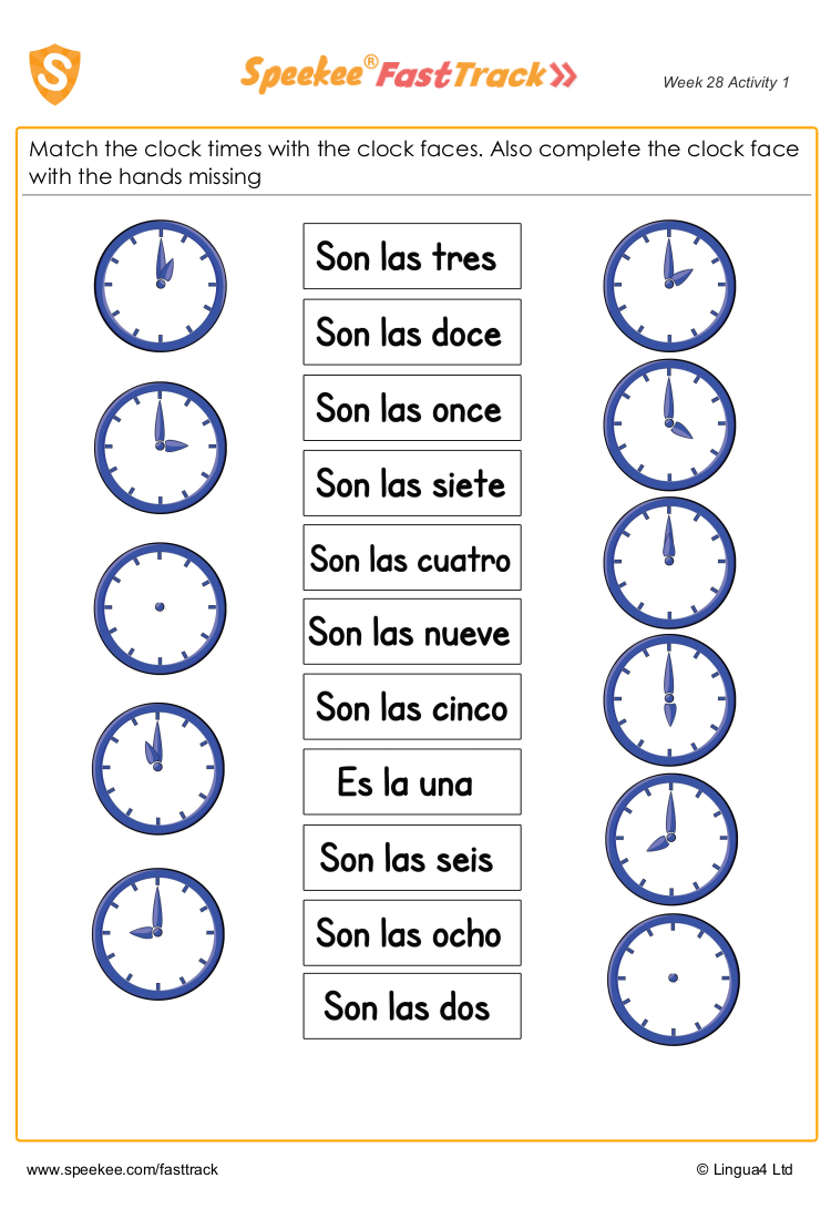Spanish Printable: Clock times and clock faces