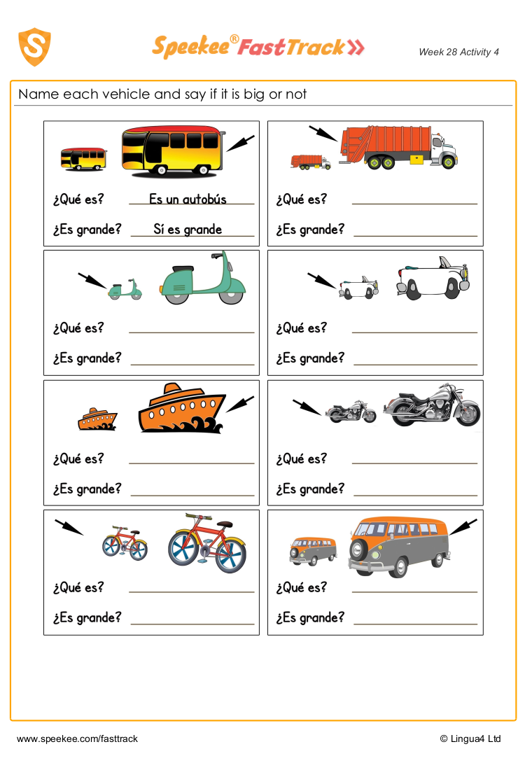 Spanish Printable: Describing vehicles