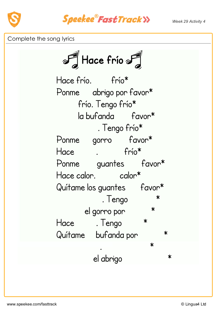 Spanish Printable: Complete the song lyrics