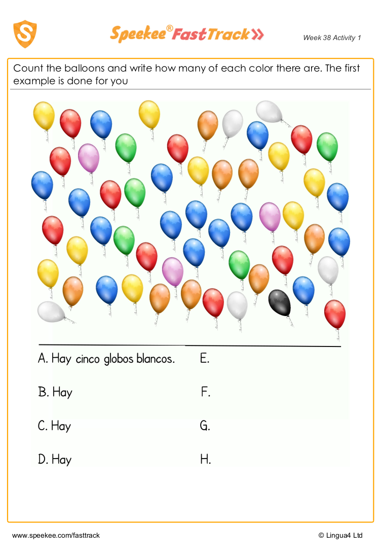 Spanish Printable: Count the balloons
