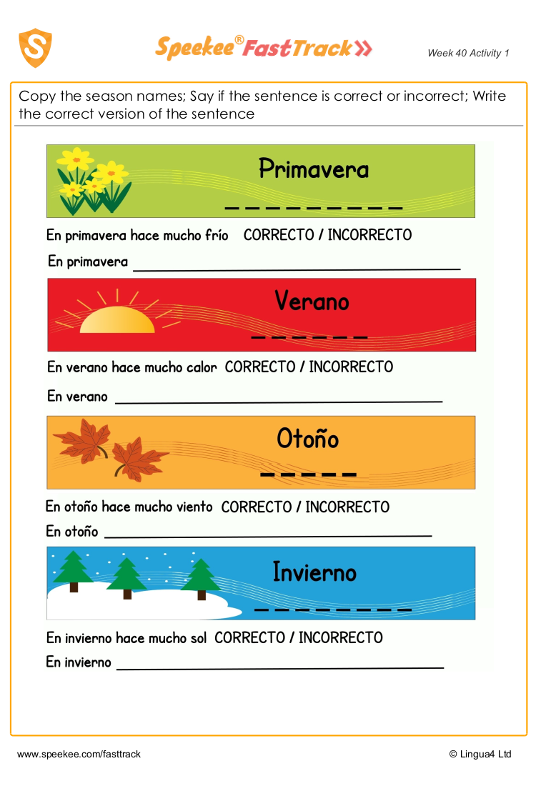 Spanish Printable: Seasons practice