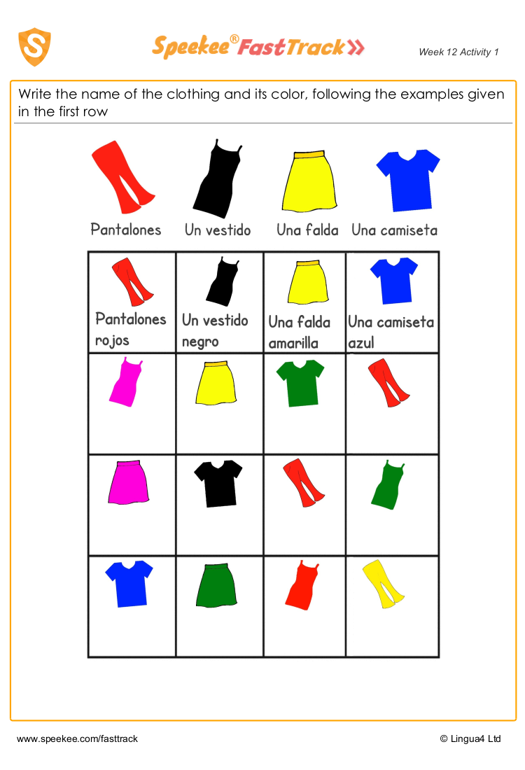 Spanish Printable: Colored clothing