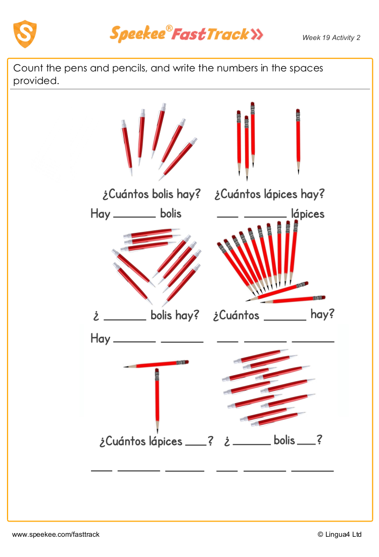 Spanish Printable: Counting pens and pencils