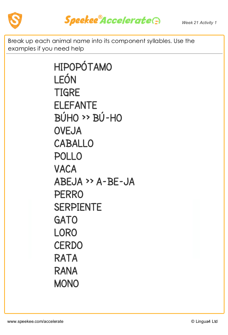 Spanish Printable: Animal syllables