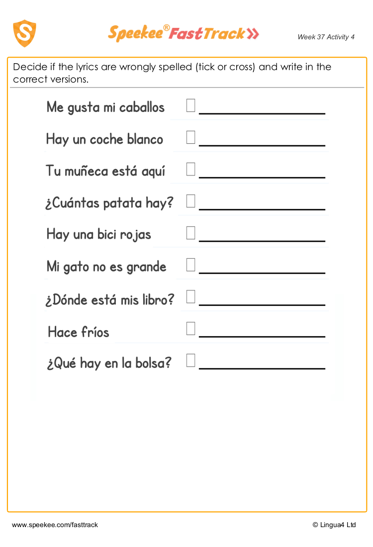 Songs in Spanish worksheet for kids